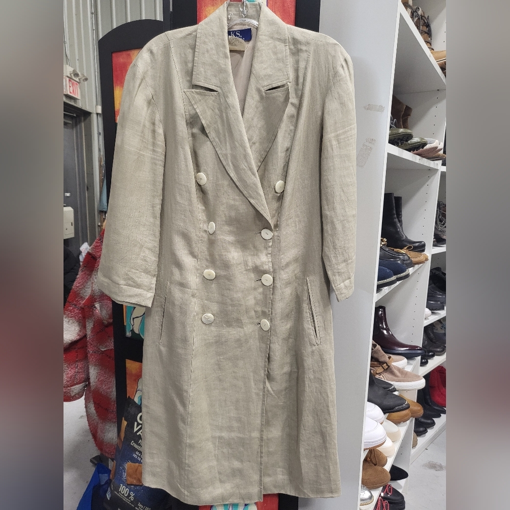 Beige Linen Button Up Trench Coat